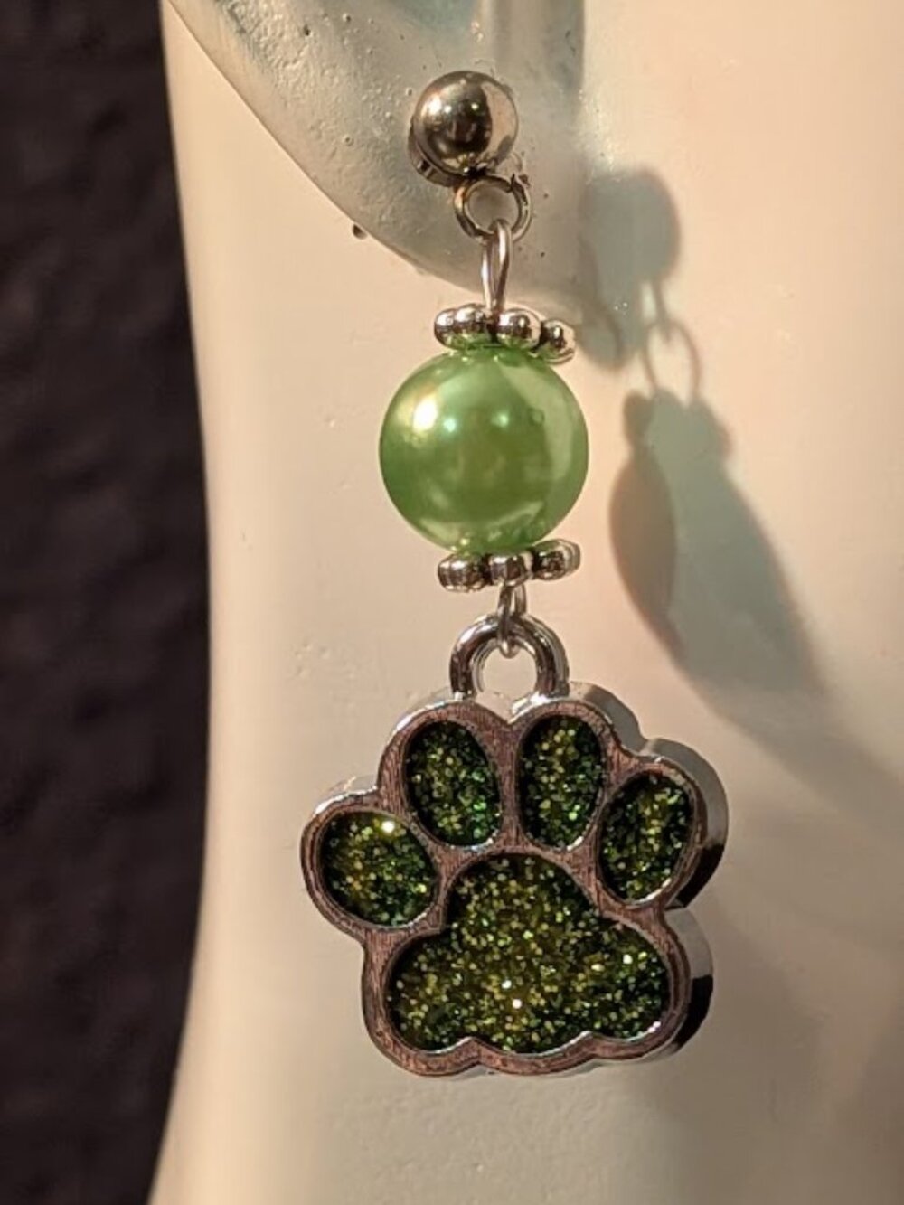 Light Green Sparkle Paw Print Earrings